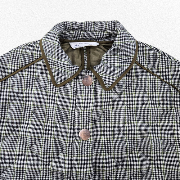 Zara Olive Plaid Quilted Equestrian Riding Jacket with Snap Pockets Size Small - Picture 2 of 11